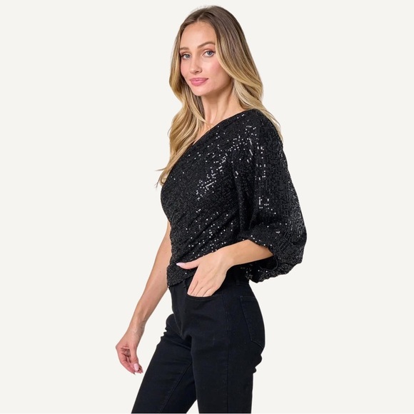 Black One Shoulder Sequin Bell Sleeve Blouse - Picture 3 of 4